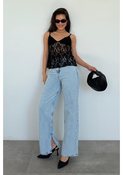 Madmext Siyah Askısı Ayarlanabilir Dantelli Bluz Mg2348