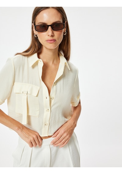 Koton Crop Kısa Kollu Gömlek Kargo Cep Detaylı Modal Kumaş Bol Kalıp Ekru 4sak60498pw Ekru
