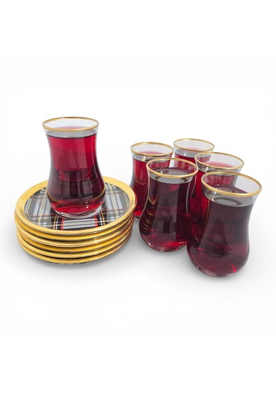 Sudedi Home Gerçek Altın Yaldızlı Gold Ekose 12 Parça Çay Seti Cam Bardak & Cam Tabak Özel Seri Çok renkli