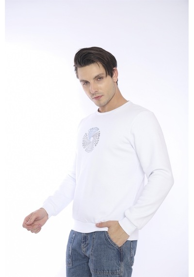 Escetic Erkek Spor Slimfit, Bisiklet Yaka Beyaz Sweatshirt-4260