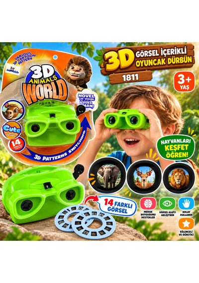 3d Görsel İçerikli Oyuncak Dürbün Hayvan Figürlü Görüntü Değiştirme Ve Keşif Oyuncağı 3+ Yaş