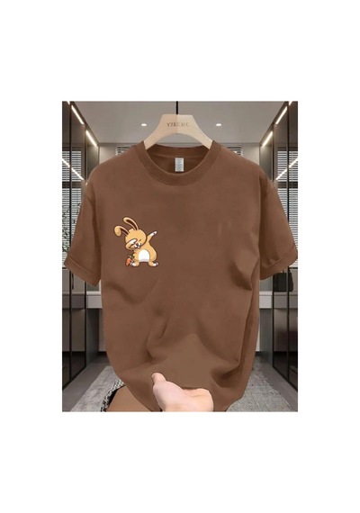 Medinenur Sevimli Tavşan Baskılı Basic T-shirt Kahverengi