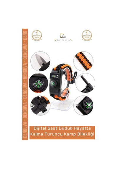 Bileklik Paracord Dijital Saatli Sos Led Pusula Magnezyum Hayatta Kalma Turuncu Kamp Bilekliği