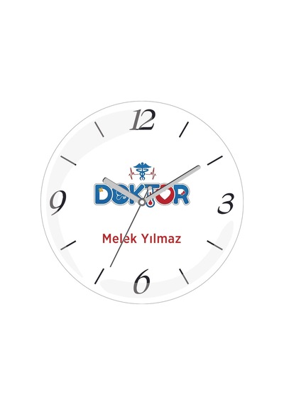 Kişiye Özel Doktor Yazısı Çap 30 Bombeli Gerçek Cam Duvar Saati Siyah