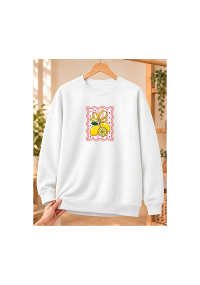 Mor Mürekkep Fiyonklu Limon Baskılı Kadın Bisiklet Yaka Sweatshirt - Beyaz