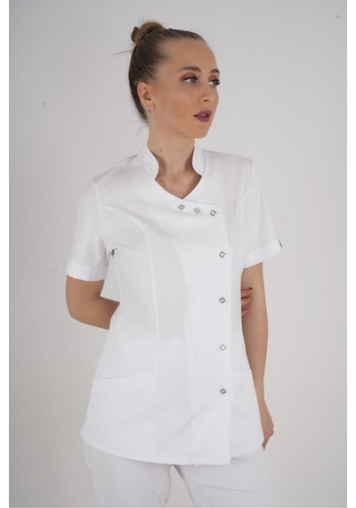 Aylu Model Soft Likra Beyaz Doktor Hemşire Hastane Scrubs Üniforma Takımı Beyaz Beyaz
