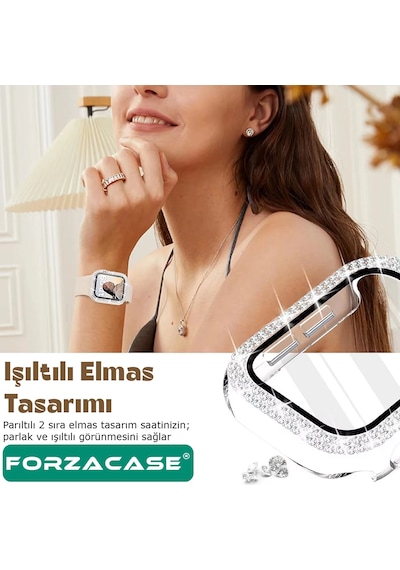 Forzacase Apple Watch 49mm İle Uyumlu Elmas Taşlı Ekran Koruyuculu Plastik Kılıf Şeffaf - Fc1010