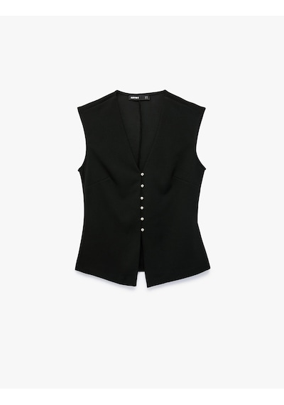Koton Krep Scuba Kumaş Slim Fit Düğmeli V Yaka Yelek Siyah 7wak30022ek