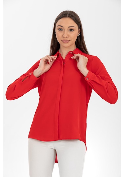 Pera Moda Basic Önü Kısa Arkası Uzun Küçük Ve Büyük Bedenli Jessica Gömlek Kırmızı