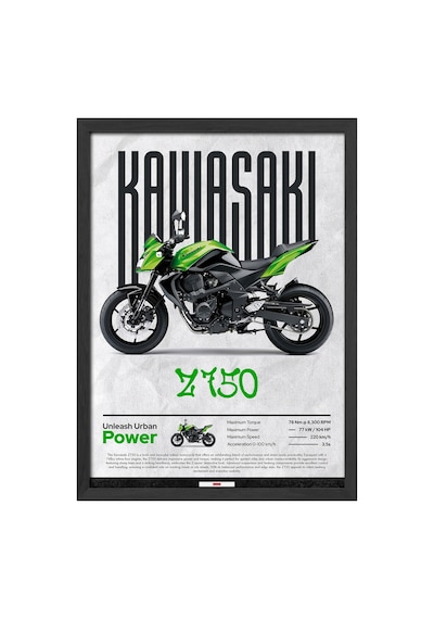 Kawasaki Z750 Siyah Ahşap Çerçeveli Poster, Dekoratif Motosiklet Duvar Tablosu