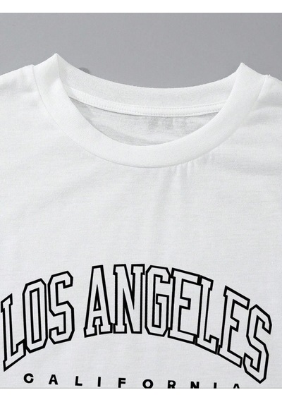 Harmandar Kadın Los Angeles Baskılı T-shirt Şort Takım Beyaz-siyah