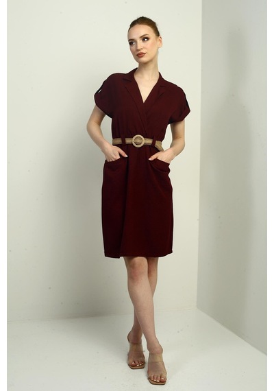 By Saygı Kadın Torba Cepli Beli Kemerli Elbise-40676 Bordo