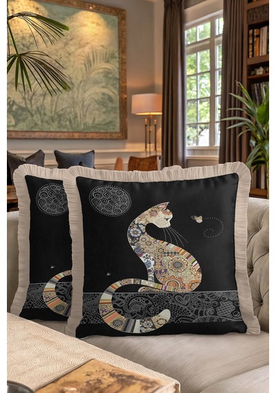 Barok Patchwork Kedi Saçaklı Yastık Kılıfı - Siyah Zarif Bohem Altın Renkli Püsküllü Kırlent Kılıfı Yosunlu Koyu Bej Barok Patchwork Kedi Saçaklı Yastık Kılıfı - Siyah Zarif Bohem Altın Renkli Püsküllü Kırlent Kılıfı Yosunlu Koyu Bej
