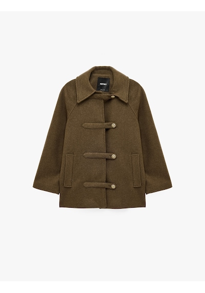 Koton Uzun Kollu Oversize Kaşe Kaban Napolyon Kapama Detaylı Haki 7wak00228ew