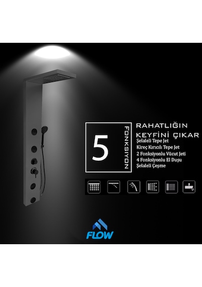 Venüs Metalik Füme Premium Şelaleli Masajlı Duş Paneli - Dikey Ja Füme
