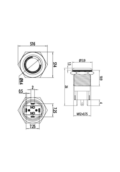 12A-P1Z-E 12Mm Düz Anahtarlı Işıklı Metal Buton - Mavi