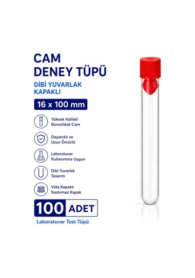 16x100 Mm Cam Deney Tüpü Dibi Yuvarlak Kapaklı 100 Adet Laboratuvar Test Tüpü