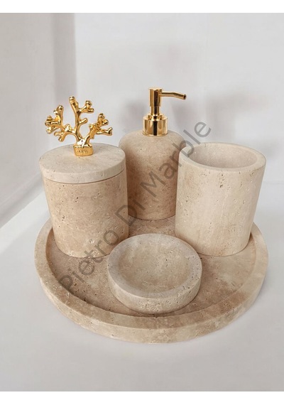 Sarı Traverten Klasik Model 5 Parça Gold Renk Mercan Aksesuarlı Banyo Seti Sarı Traverten