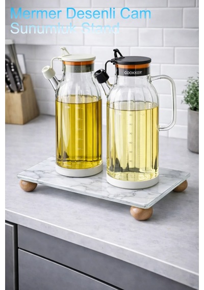 Mermer Desenli Cam Yağlık Sirkelik Bambu Ayaklı Sunumluk, Sabunluk,dekorluk Organizer Stand 24x14 Cm