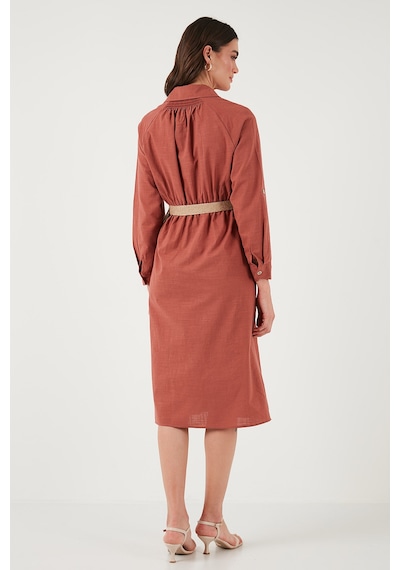Lela Pamuklu Regular Fit Kemerli Midi Boy Gömlek Bayan Elbise 67810301 Camel