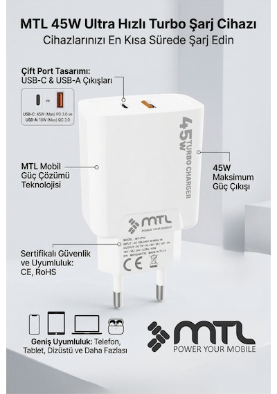 45w Turbo Şarj Çift Çıkış Type-c + Usb Adaptör Süper Fast Şarj Başlığı Mt1755