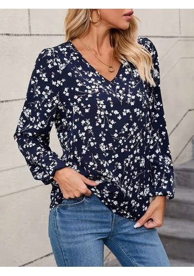 Moderie Butik Kadın Uzun Kollu V Yakalı Çiçek Desenli Modal Bluz Lacivert