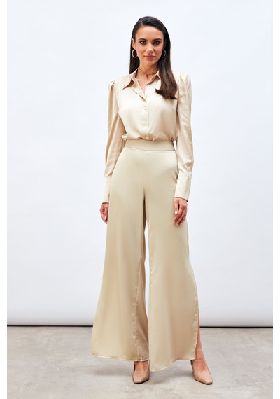 Sateen Yırtmaç Detaylı Saten Pantolon - Bej