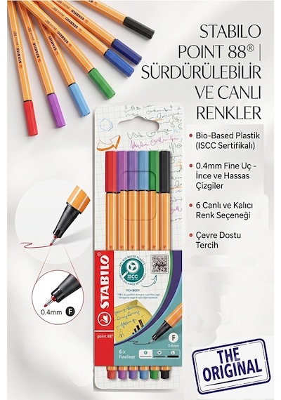 6 Renk Fineliner Kalem 1 Paket Stabilo Point 88 6 Lı Ana Renkler İnce Keçe Uçlu Kalem 0.4mm Su Bazlı Mürekkep