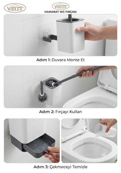 Duvara Monte Edilebilir Yapışkanlı Wc Tuvalet Fırçası Seti - Esnek Ergonomik Başlıklı Hijyenik Banyo Fırçası Duvara Asılabilir & Ayakta Kullanım Beyaz - Gri