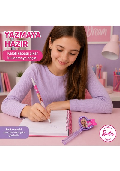 Bakgelal Barbie Lisanslı Silgili Geçmeli Kalem Kalp Başlıklı Figürlü Çocuk Okul Kalemi - 9053880899579 124-Pembe