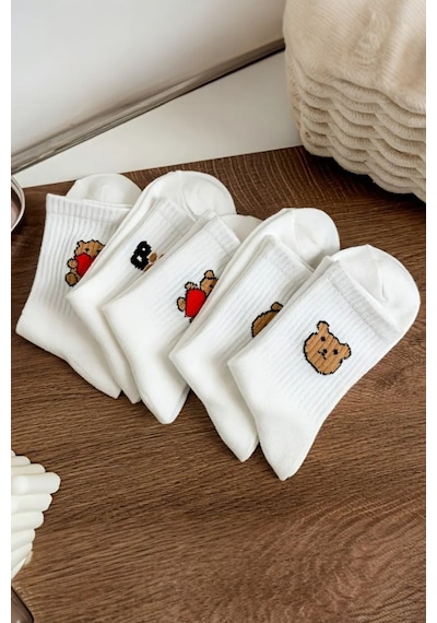 Hitit Socks Kadın 5 Çift Premium Kalite Beyaz Renkli Ayıcık Ve Kalp Desenli Kısa Soket Çorap Çok Renkli