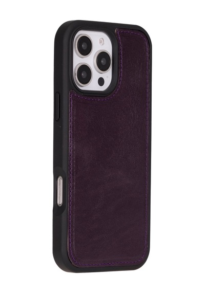 Bloomcase Apple Uyumlu iPhone 16 Pro Max Burgundy Hakiki Deri Cüzdanlı Telefon Kılıfı Mor