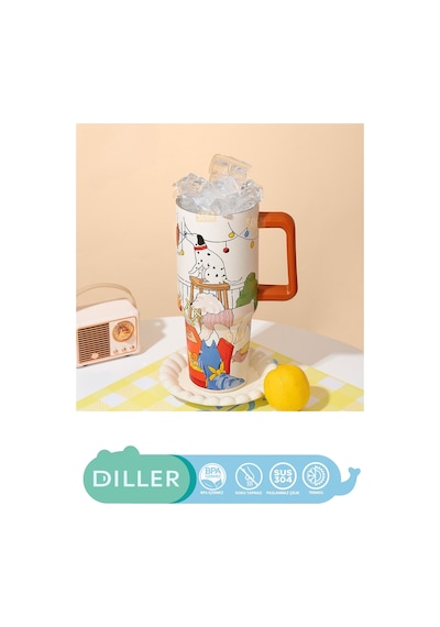 Diller 1200ml Sevimli Hayvanlar Tumbler Pipetli/pipetsiz Kulplu Paslanmaz Çelik Termos