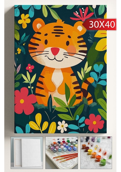 Sayılarla Boyama Çerçeveli Hobi Seti Numaralı Tuval Fırça Boya Dahil Kasnaklı 30x40 Cm Küçük Kedi