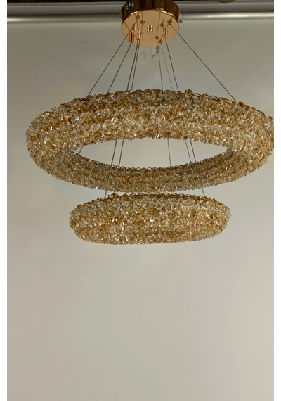 Çift Katlı Amber Kristal Taşlı Modern Led Halka Avize Gold 1