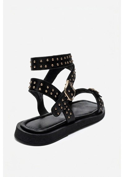 Luvishoes Carril Siyah Hakiki Deri Troklu Kadın Sandalet Siyah