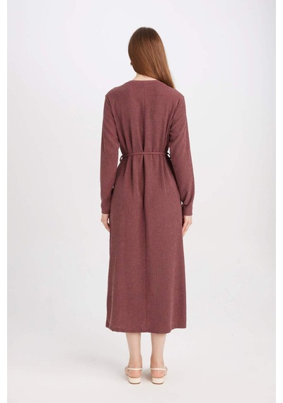 DeFacto Regular Fit Bürümcük Uzun Kollu Midi Elbise D5024AX24AUBR467 Bordo