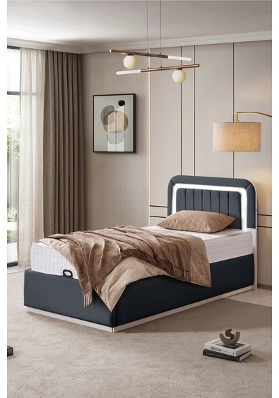 Demonte Baza Seti, Valens Ledli Tek Kişilik Baza Başlık Seti - İkili Set, Antrasit - 100x200 Cm 100 x 200