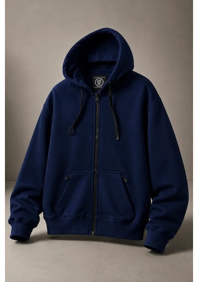 Bb Butik Basic Oversize Kalın Üç Iplik Fermuarlı Kapüşonlu Sweatshirt Koyu Lacivert