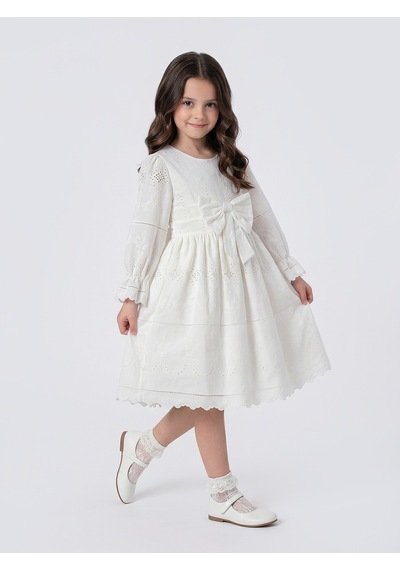Pina Kids Kız Çocuk Uzun Kollu Önü Kurdelalı Fisto Elbise Beyaz