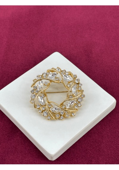 Gümüş Parlak Taşlı Ve Altın Detaylı Çelenk Figürlü Gold Broş Gold