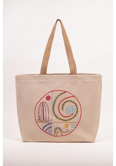 Fabric Craft Bag Omuz Çantası Duck Kumaş Patchwork Sashiko El İşlemeli Günlük Çanta 44x34 Cm Sütlü Kahve