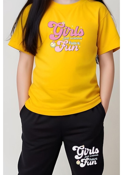 Fyk Kids Kız Çocuk Yuvarlak Yaka Baskılı Girls Fun Alt-üst Pijama Takımı Sarı