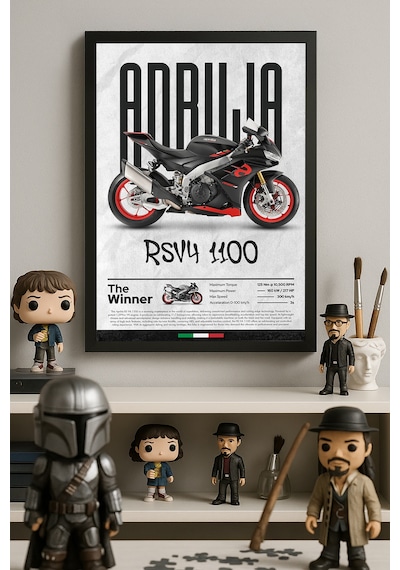 Aprilia Rs V4 1100 Siyah Ahşap Çerçeveli Poster, Dekoratif Motosiklet Duvar Tablosu Çok Renkli