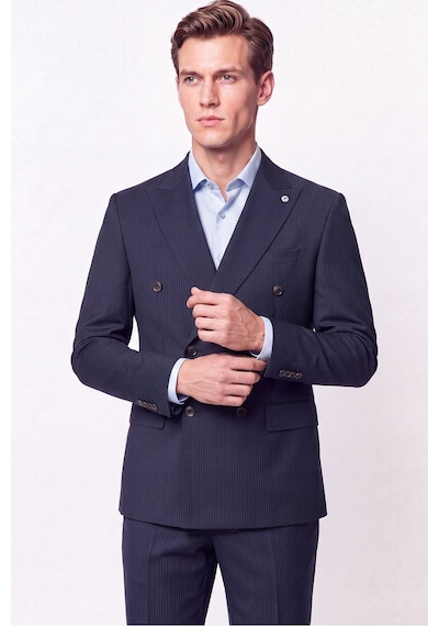 Efor Slim Fit Çift Yırtmaç %95 Pamuk Sık Çizgili Lacivert Kruvaze Takım Elbise Tk 944