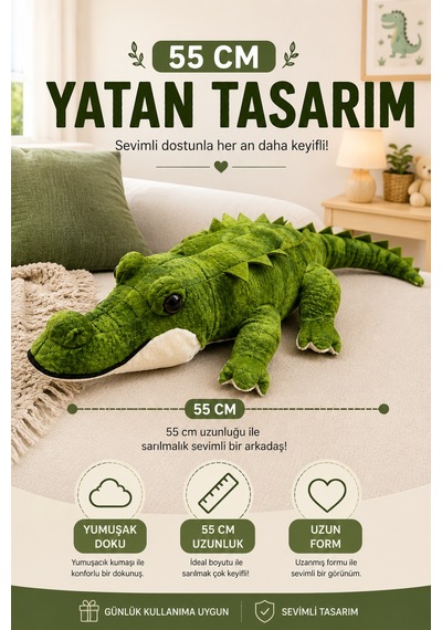 55 Cm Peluş Timsah Küçük Boy Yumuşak Oyuncak Uyku Arkadaşı Sevimli Peluş Timsah Yeşil