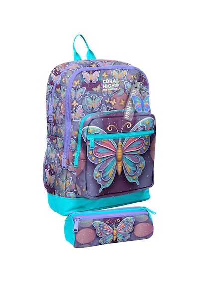 Coral High Okul Sırt Çantası Ve Kalemlik Seti - Pastel Renkli Kelebek Desenli Kız Çocuk Setygn33206c