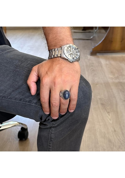 Gerçek Doğal Taş Yüzük - El Yapımı Kartal Yüzüğü - 925 Ayar Gümüş Yüzük Lapis Lazuli Gümüş