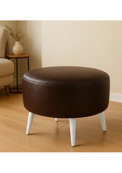 Waterybrook Suni Deri Puf Large - Beyaz Ahşap Ayaklı - Retro Modern Tasarım - Dekoratif Sehpa Acı Kahverengi