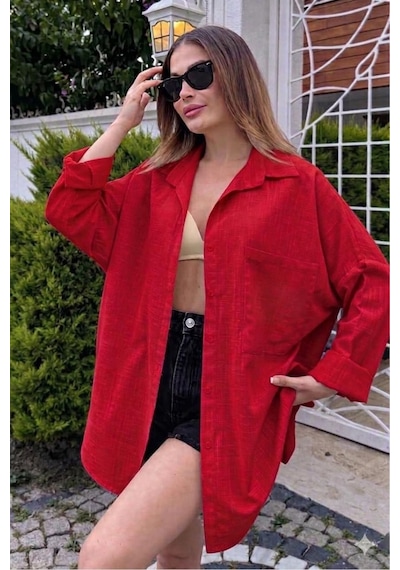 Rouge Basıc Oversize Keten Dokulu %100 Pamuk Salaş Gömlek Kırmızı